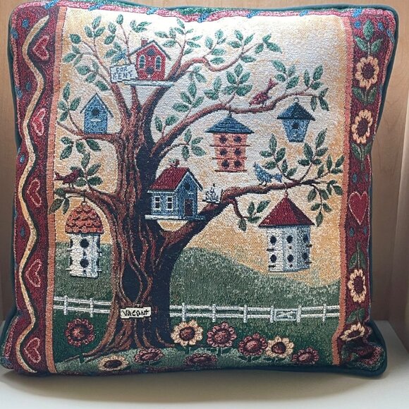 Pretty Vintage Birdhouse Tapestry Accent Pillow 16" - Picture 1 of 9